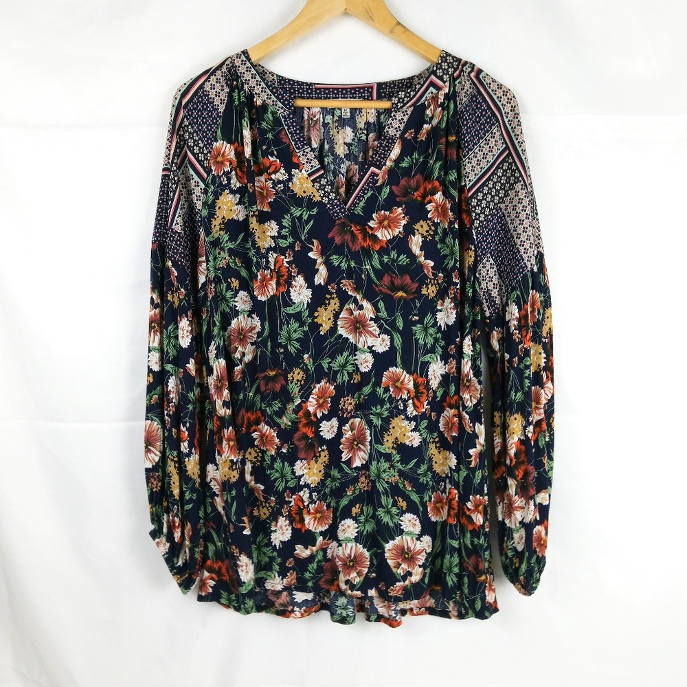 Jodifl Boho Tunic Top Size M Floral Long Sleeve Peasant Popover Blouse